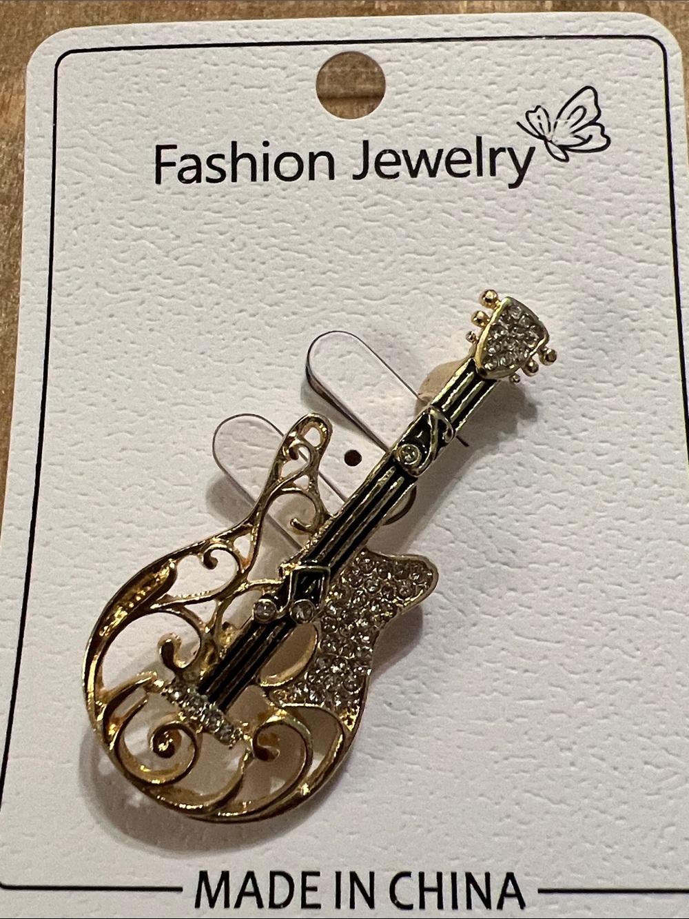3/$18 Fashion Jewelry Gold and Clear Crystal Guitar Brooch Lot 1002